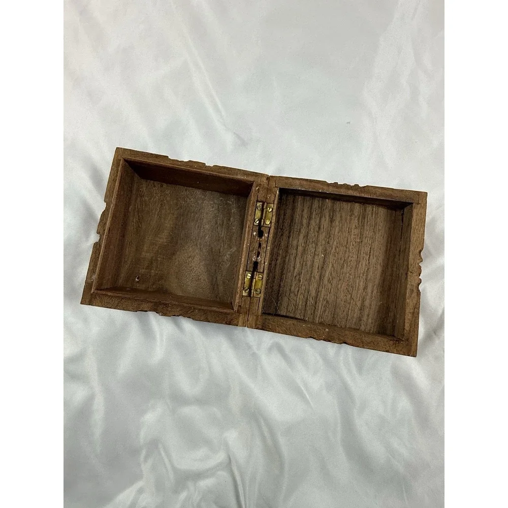 Vintage Hand Carved Wood Peacock Trinket Box Jewelry Storage Hinged Lid India